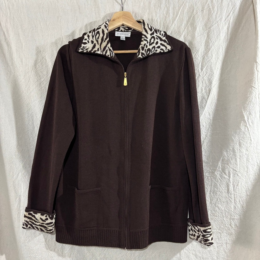 St. John Sport Brown Wool Blend Full Zip Cardigan Animal Print Collar Cuffs M